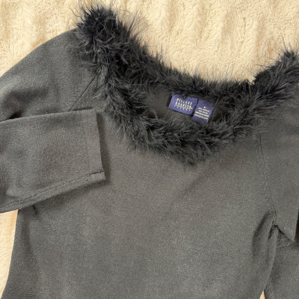 Hillard & Hanson Black Faux Fur Trim Scoop Neck 3/4 Sleeve Knit Sweater Small